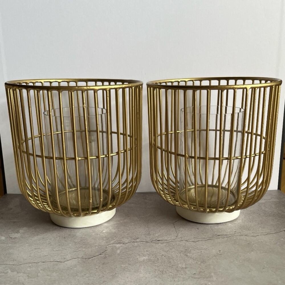 2 Pc Antique Gold Wired Hurricane Candle Holders Retro Glass White Marble Base